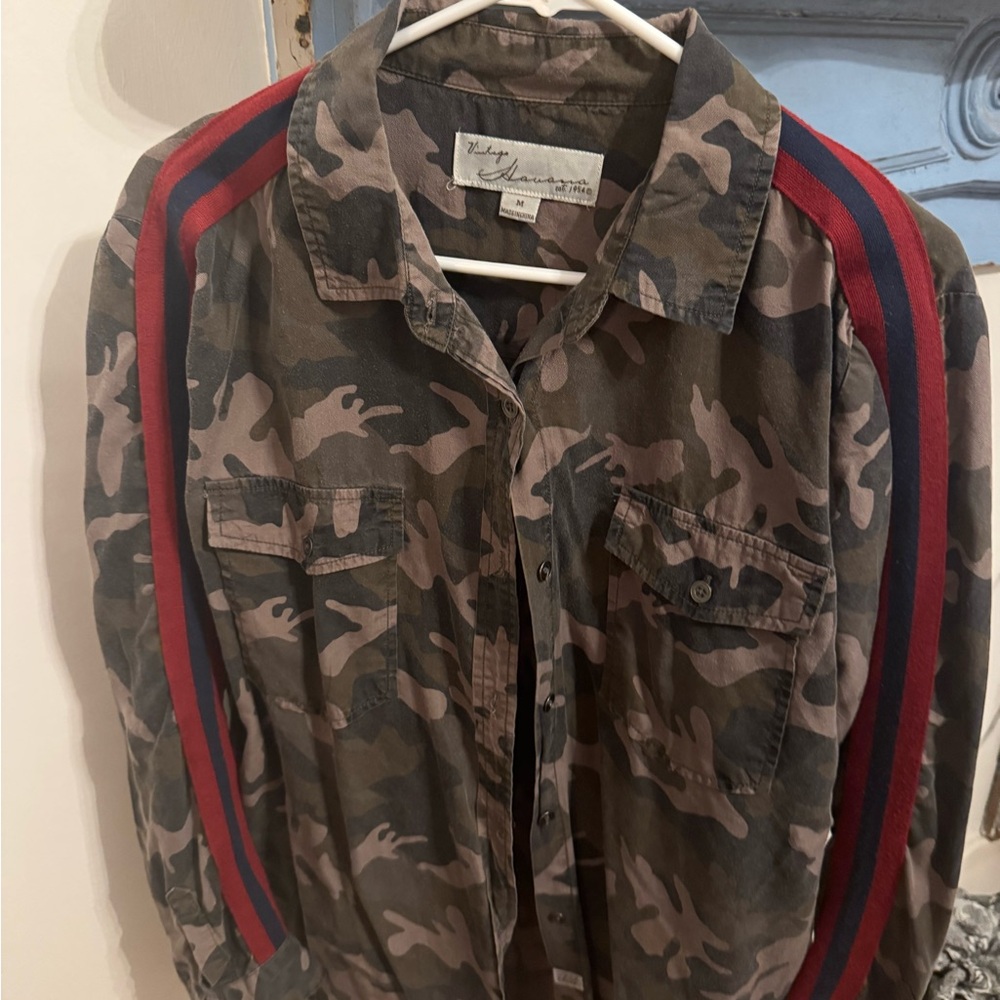 Vintage Havana Camouflage Button Down with Red Stripes